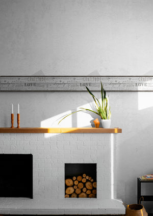 GB4033 Farmhouse Values Typography Inspirational Words Distressed Wood Peel and Stick Wallpaper Border 10in or 8in Height x 15ft Long, Soft Gray Neutral Off White