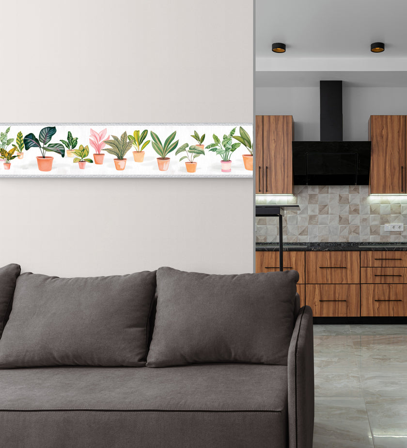 GB5040 Potted Plants Peel and Stick Wallpaper Border 10in or 8in Height x 15ft Long Light Dark Gray