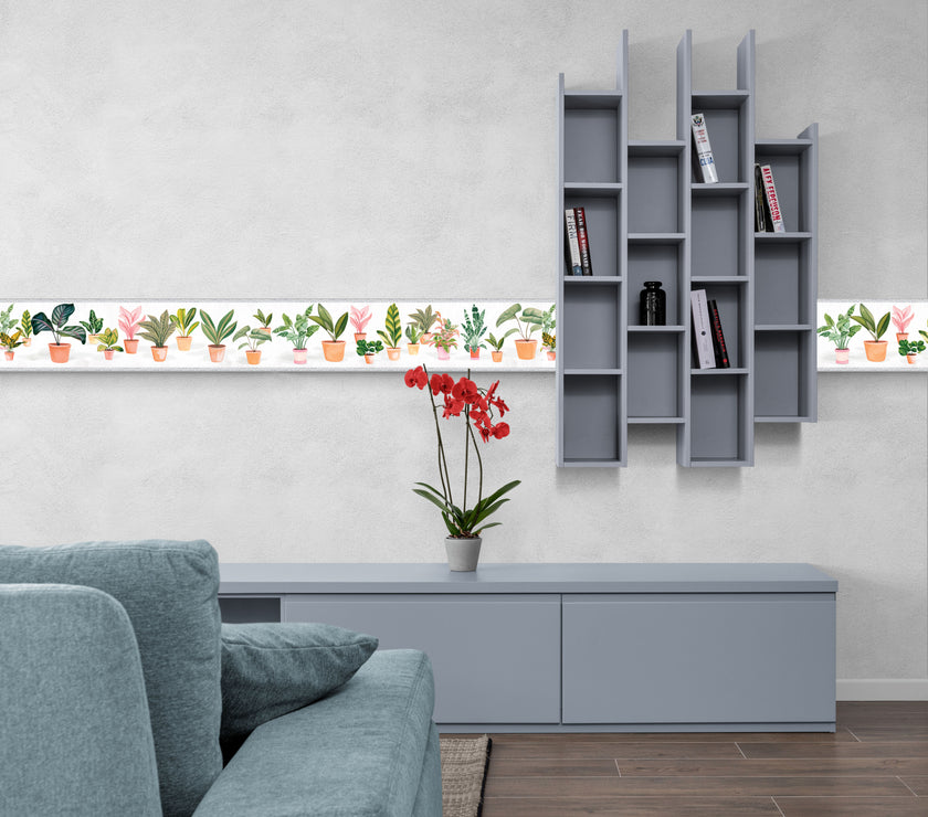 GB5040 Potted Plants Peel and Stick Wallpaper Border 10in or 8in Height x 15ft Long Light Dark Gray
