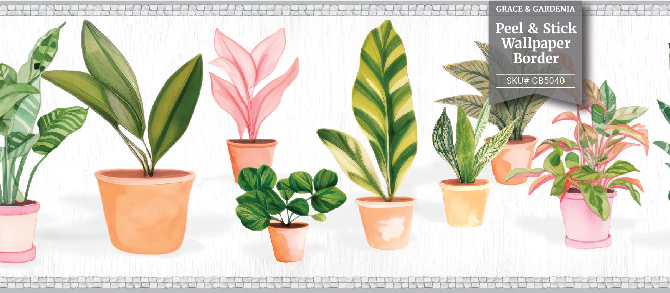 GB5040 Potted Plants Peel and Stick Wallpaper Border 10in or 8in Height x 15ft Long Light Dark Gray