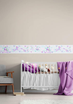 GB90290 Watercolor Vally Unicorns Peel and Stick Wallpaper Border 10in Height x 15ft Light Blue Pink Designs