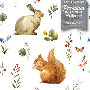 GW3021 Woodland Squirrel & Rabbit Peel and Stick Wallpaper Roll 19 inch Wide x 18 ft. Long Beige Green Gray