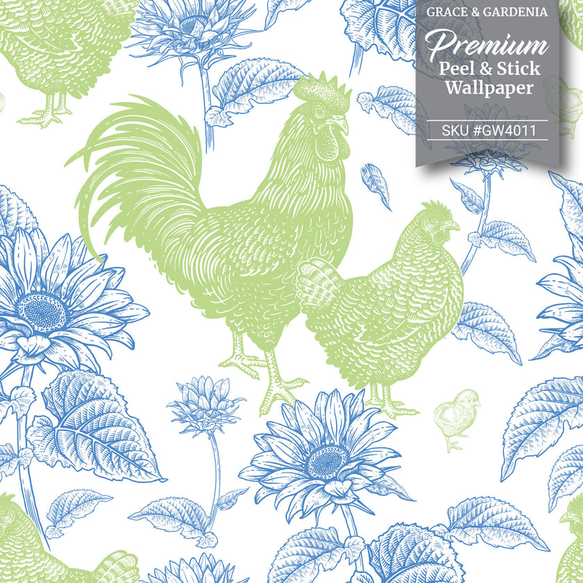 GW4014 French Farmhouse Chickens & Sunflowers Peel and Stick Wallpaper Roll 19 inch Wide x 18 ft. Long Black White
