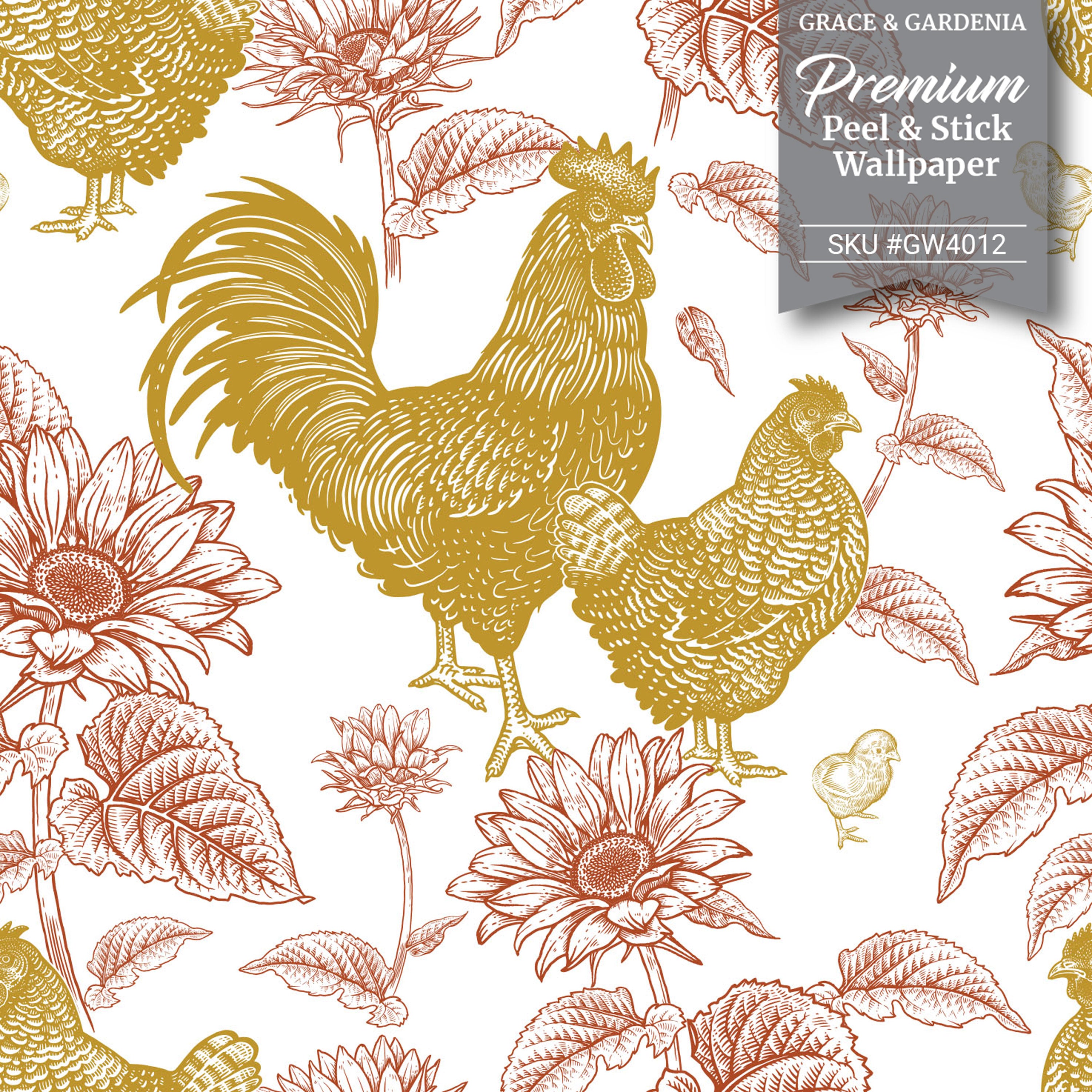 GW4014 French Farmhouse Chickens & Sunflowers Peel and Stick Wallpaper Roll 19 inch Wide x 18 ft. Long Black White