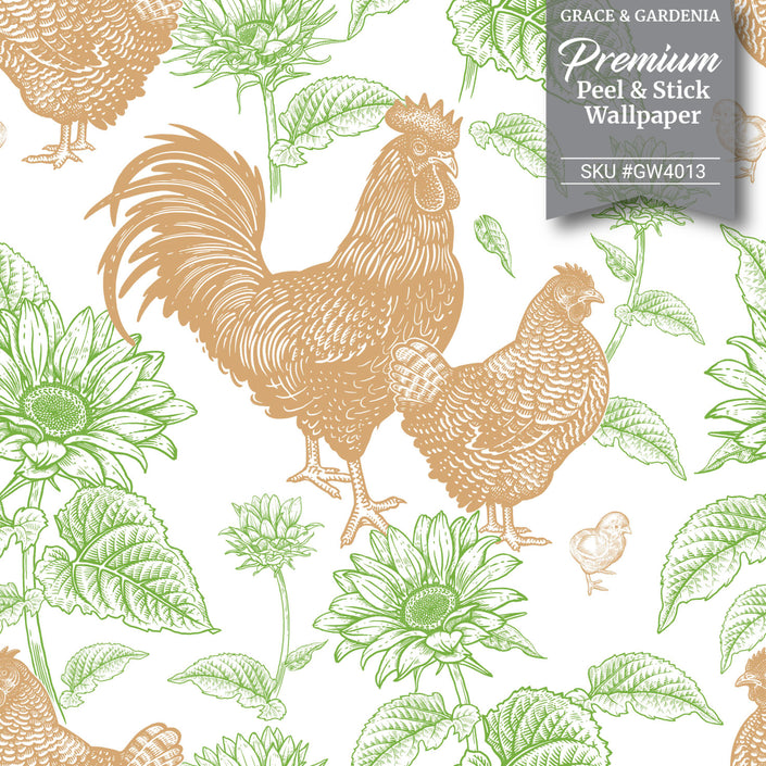 GW4014 French Farmhouse Chickens & Sunflowers Peel and Stick Wallpaper Roll 19 inch Wide x 18 ft. Long Black White