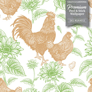 GW4012 French Farmhouse Chickens & Sunflowers Toile Peel and Stick Wallpaper Roll 19 inch Wide x 18 ft. Long, Rust
