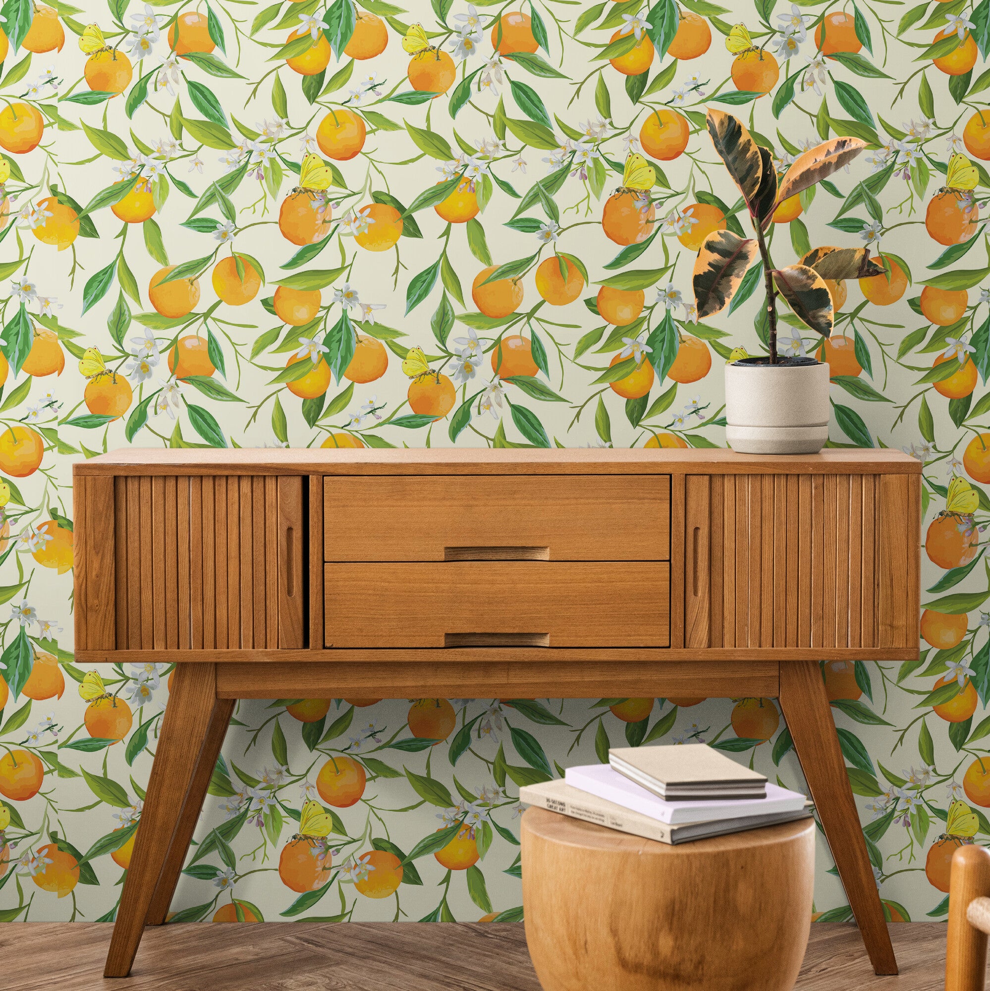 GW5071 Orange Blossoms Peel and Stick Wallpaper Roll 19 inch Wide x 18 ft. Long, Orange Green Yellow