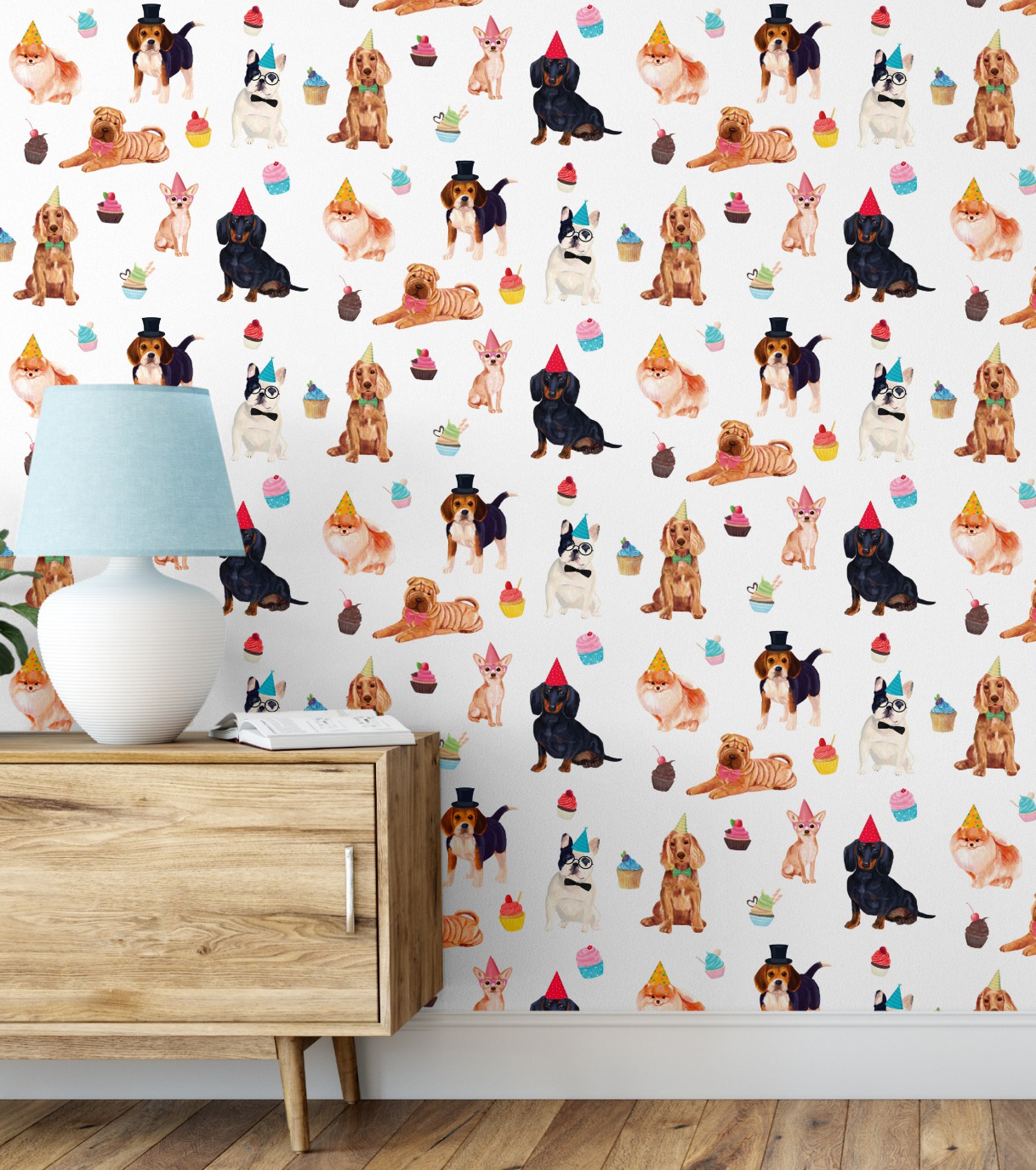 GW9013 Party Dogs and Cupcakes Peel and Stick Wallpaper Roll 19 inch Wide x 18 ft. Long Pink Beige Blue