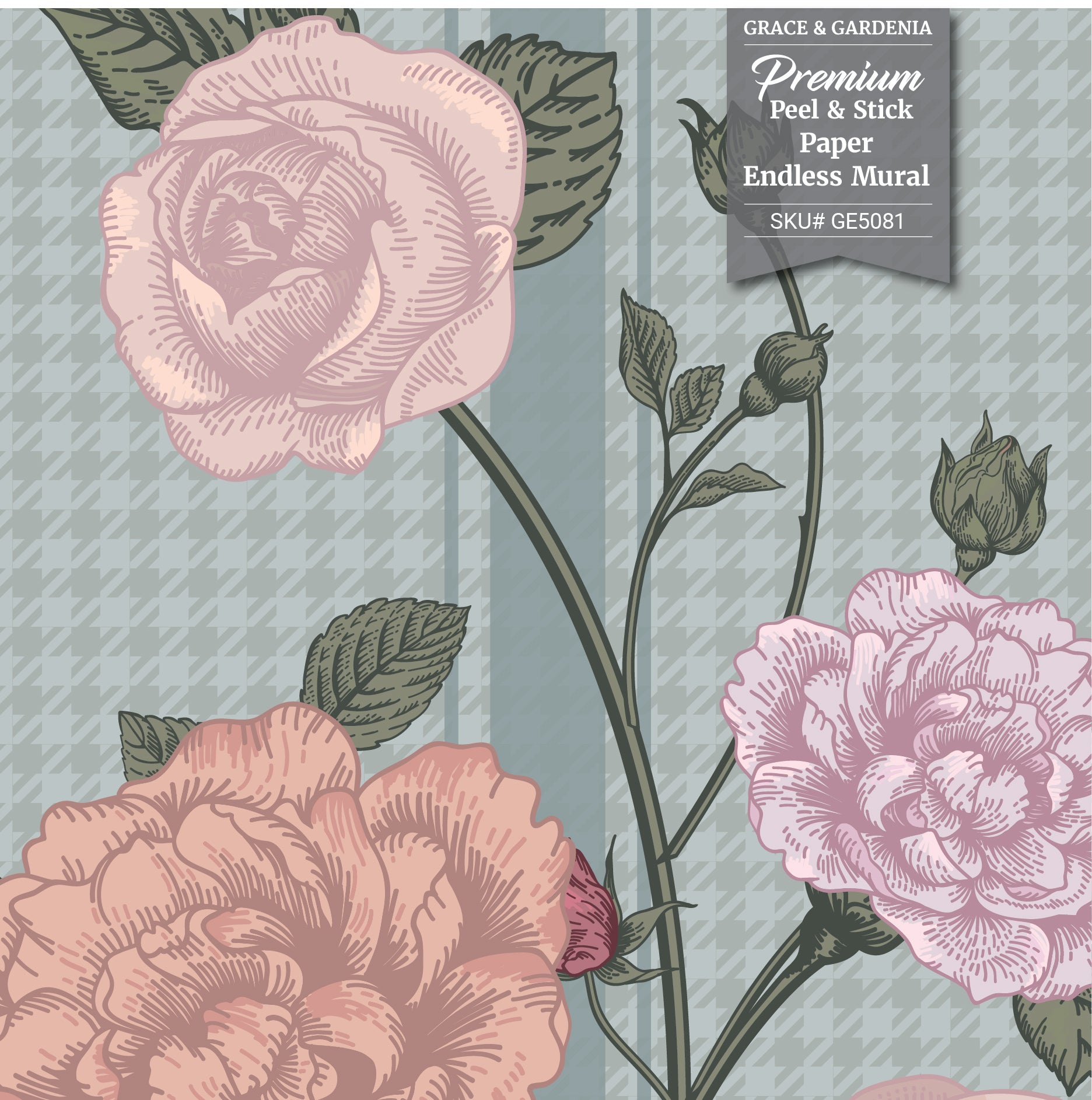 GE5081 Rose Bush Stripe Endless Murals in Pink Yellow and Light Blue