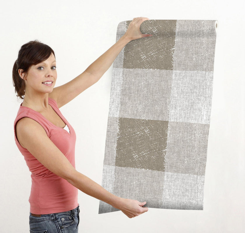 GW6071 Buffalo Plaid Peel and Stick Wallpaper Roll 19 inch wide x 18 feet long Brown Tan Gray