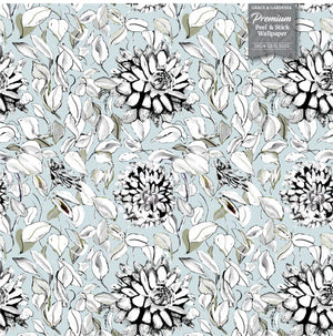 GDSL5001 Dahlias Premium Peel and Stick Wallpaper Panel 26 inch Wide in Black White Muted Green