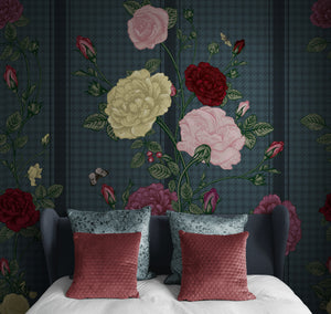 GE5080 Rose Bush Stripe Endless Murals in Dark Red Pink Yellow Navy