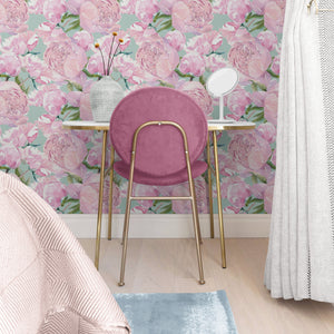 GW5141 Grace & Gardenia  Pink Watercolor Peonies Peel and Stick Wallpaper Roll 19 inch Wide x 18 ft. Long Pink Green