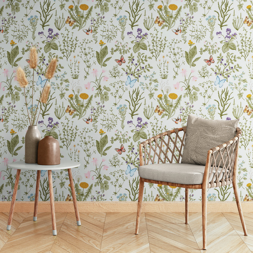 GN5041 Wildflowers and Butterflies Fine Wallpaper Roll size 26 inch Wide x 27 ft. Long, Cream/Green