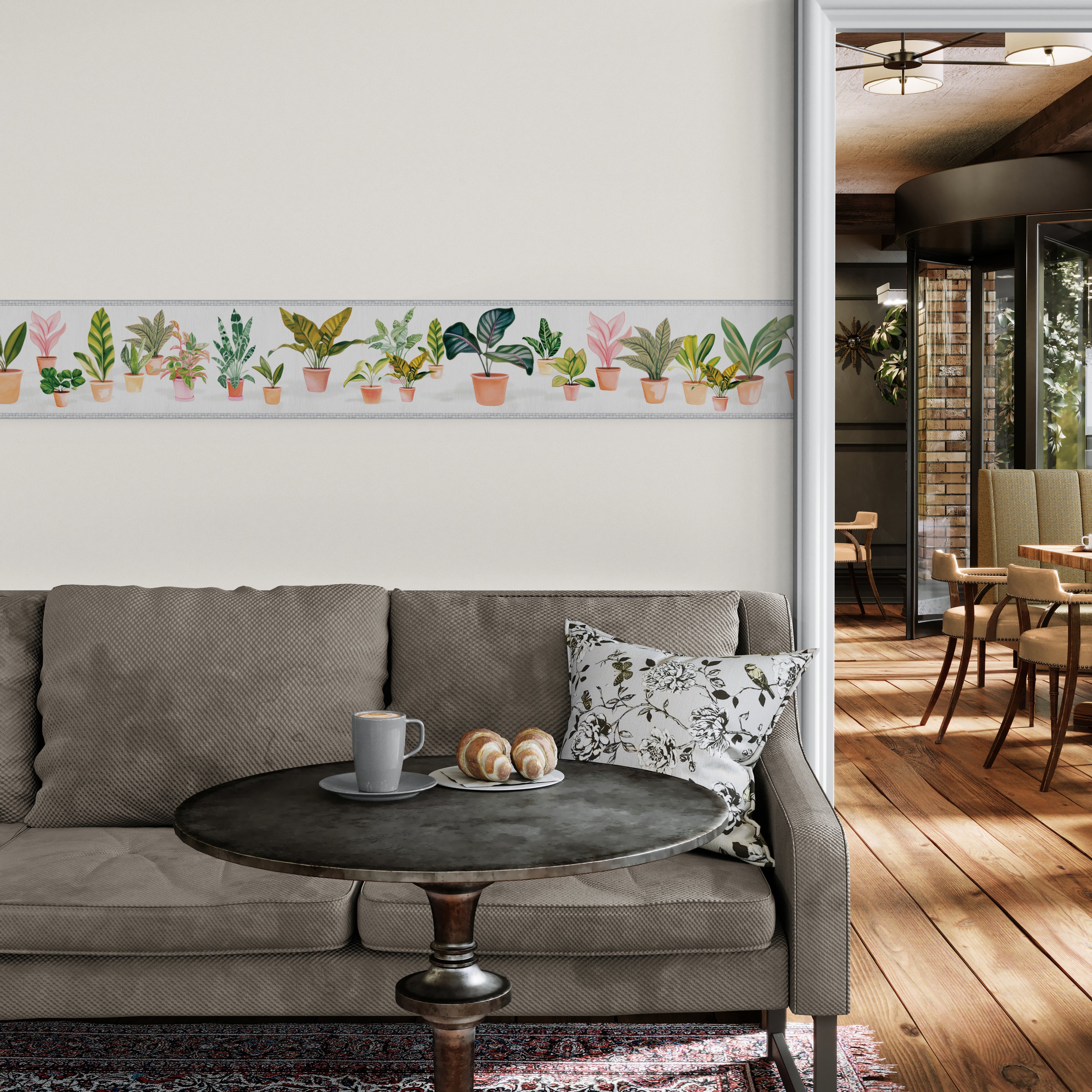 GB5040 Potted Plants Peel and Stick Wallpaper Border 10in or 8in Height x 15ft Long Light Dark Gray