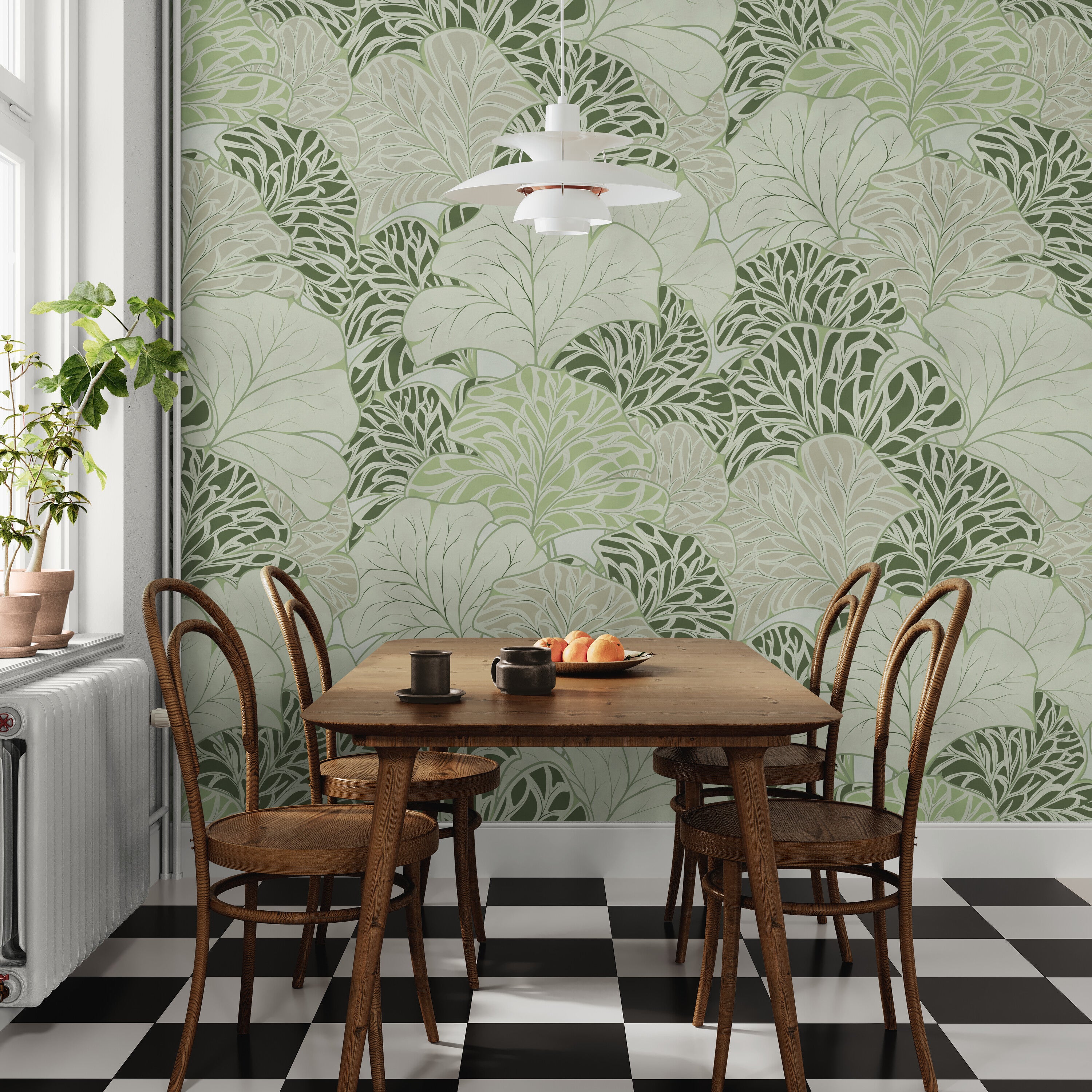 GE5090 Flabellate Foliage Endless Murals in Green Gray