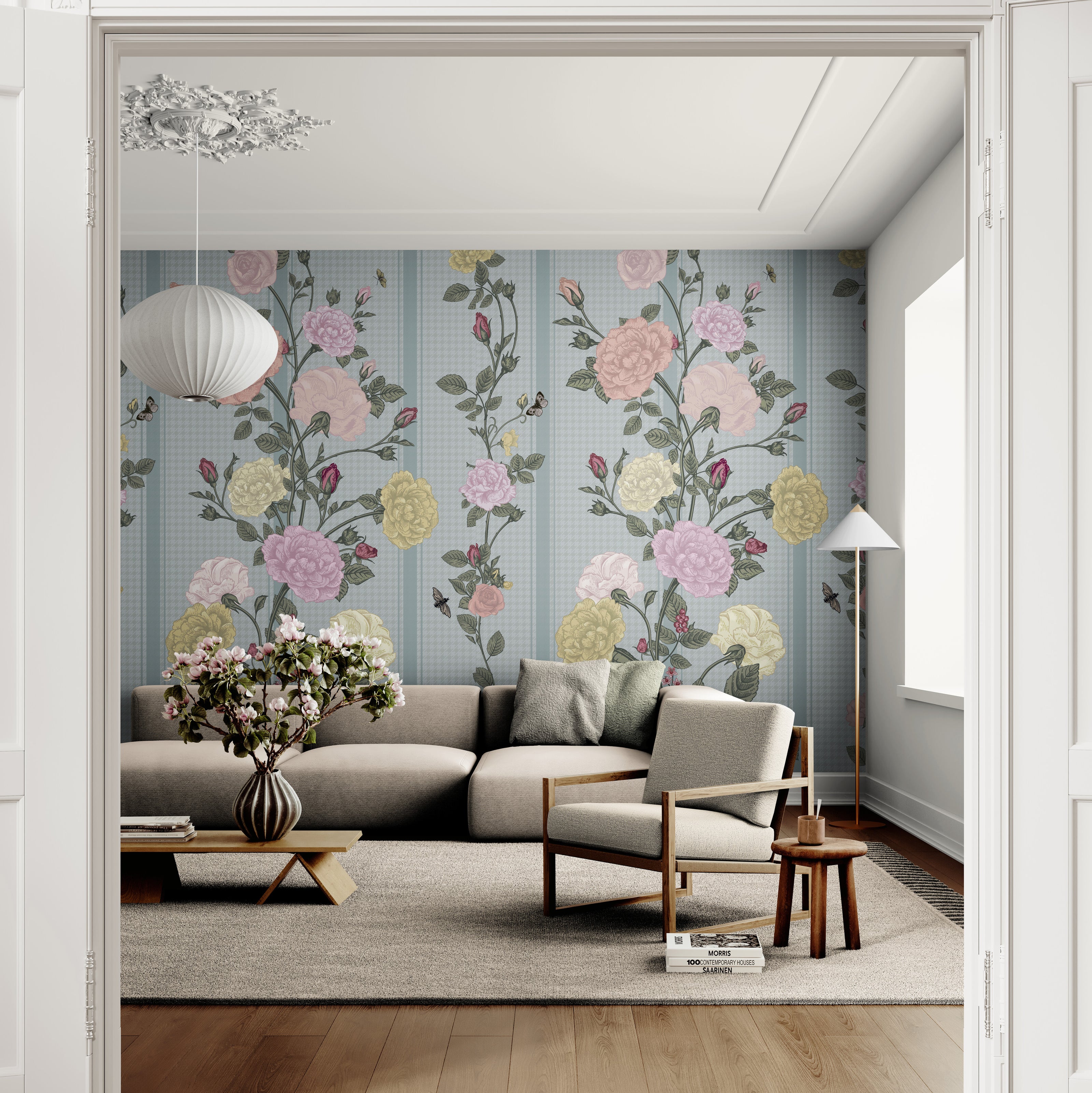 GE5081 Rose Bush Stripe Endless Murals in Pink Yellow and Light Blue