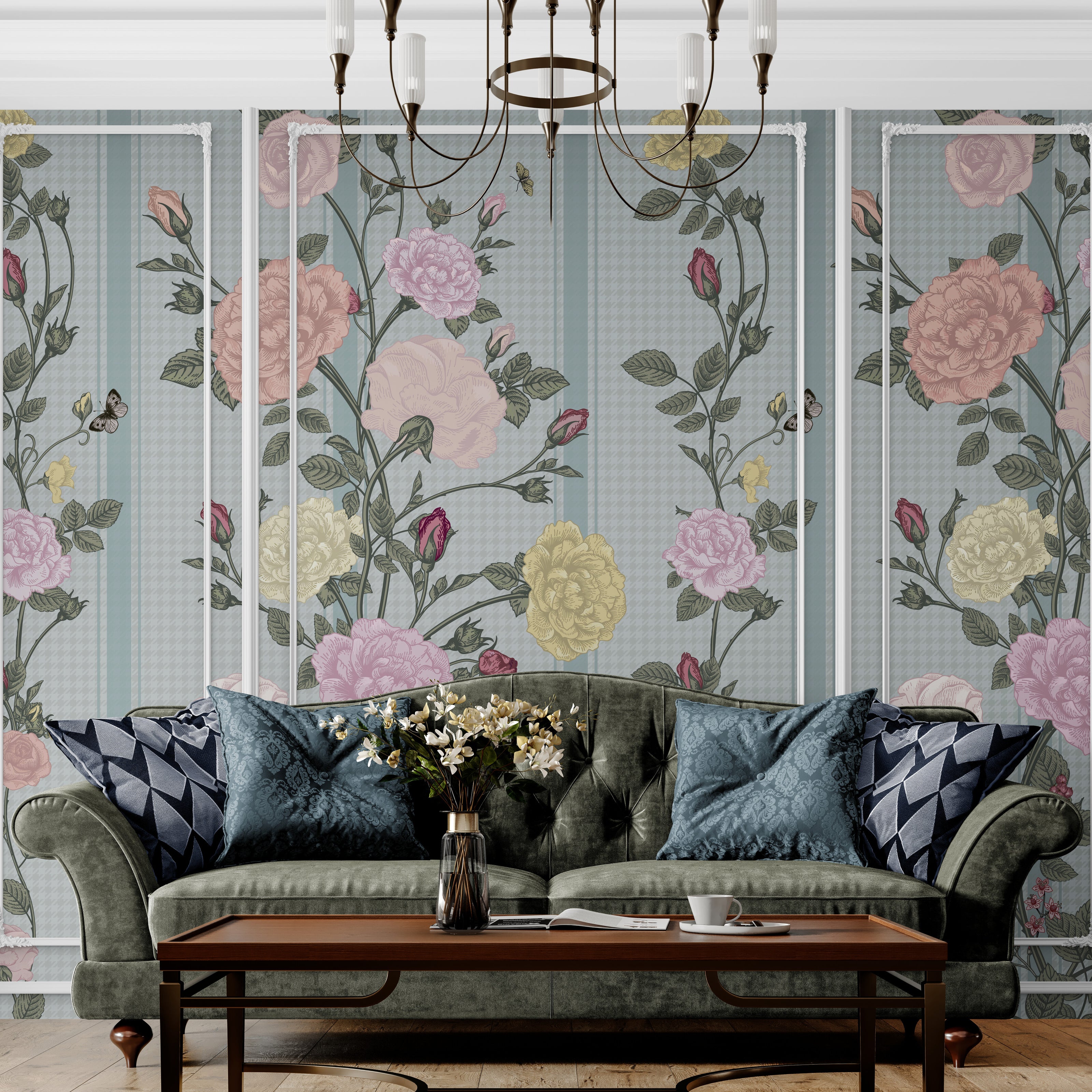 GE5081 Rose Bush Stripe Endless Murals in Pink Yellow and Light Blue