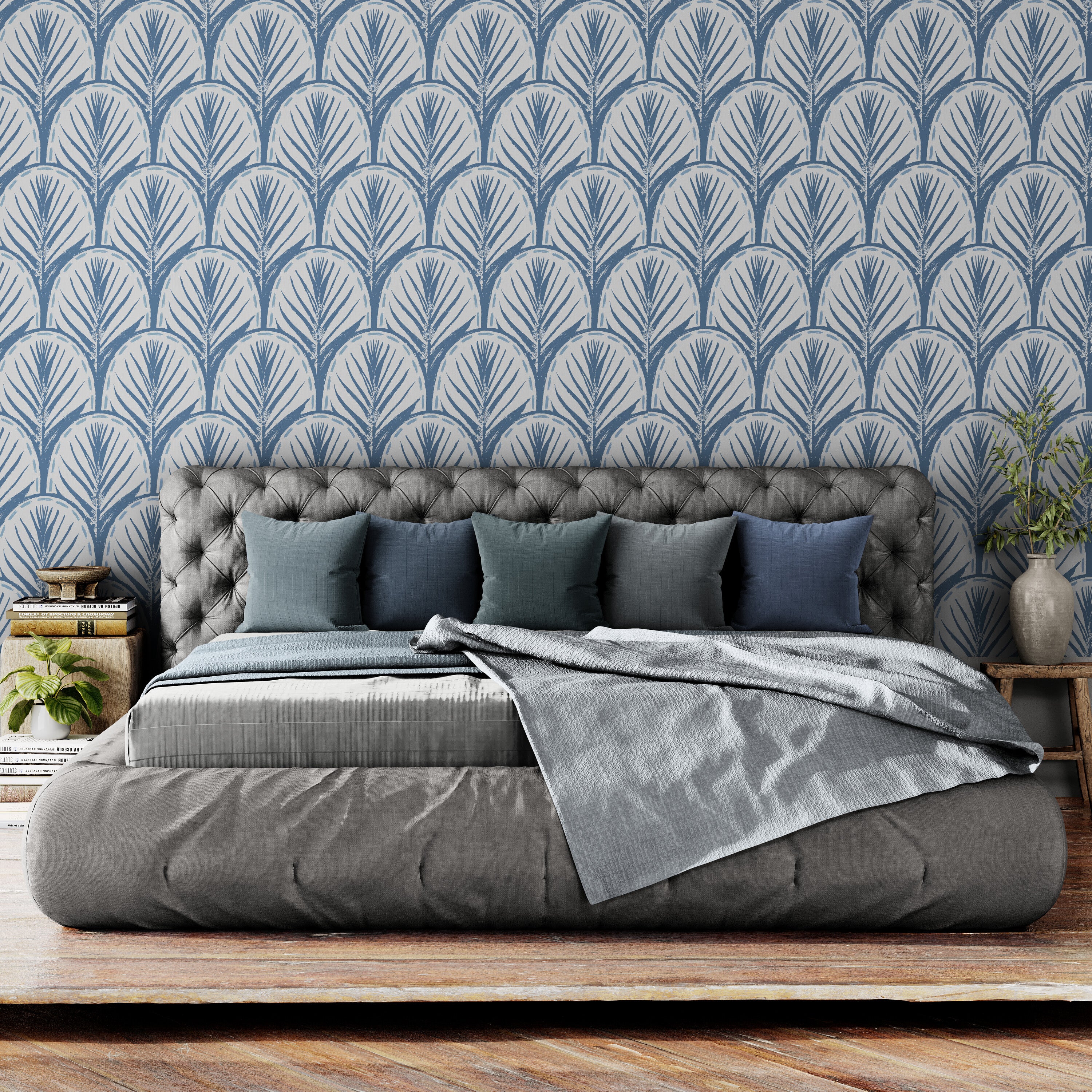 GDP5002 Fallen Feathers Premium Peel and Stick Wallpaper Panel 6 Ft High x 26 Wide in Muted Navy Soft Blue