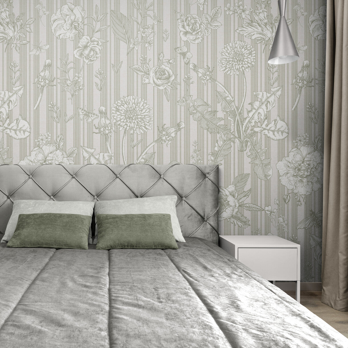 GE5071 Vintage Stripe Botanical Endless Murals Gray Off White