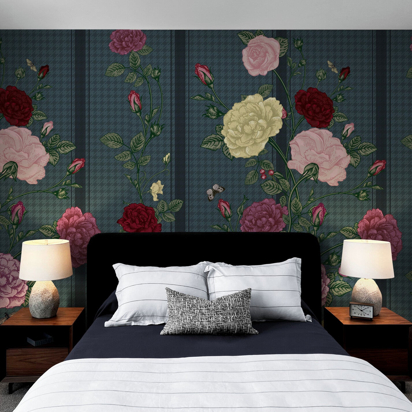 GE5080 Rose Bush Stripe Endless Murals in Dark Red Pink Yellow Navy