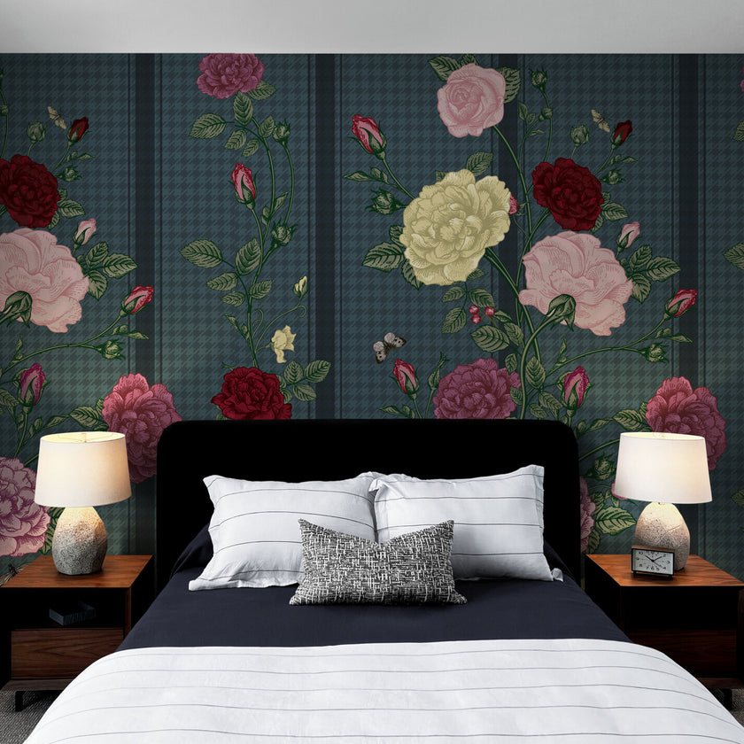 GE5080 Rose Bush Stripe Endless Murals in Dark Red Pink Yellow Navy