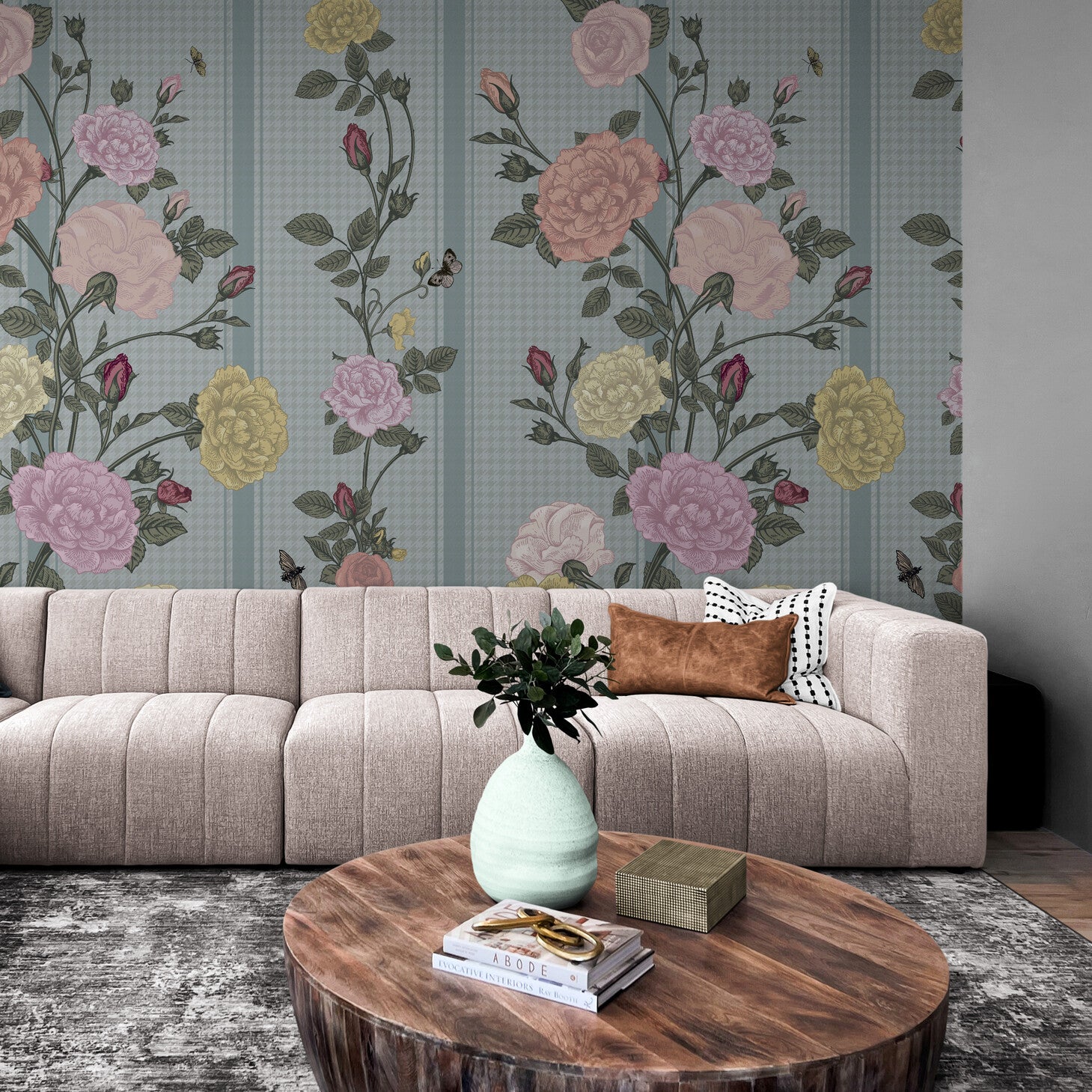 GE5081 Rose Bush Stripe Endless Murals in Pink Yellow and Light Blue