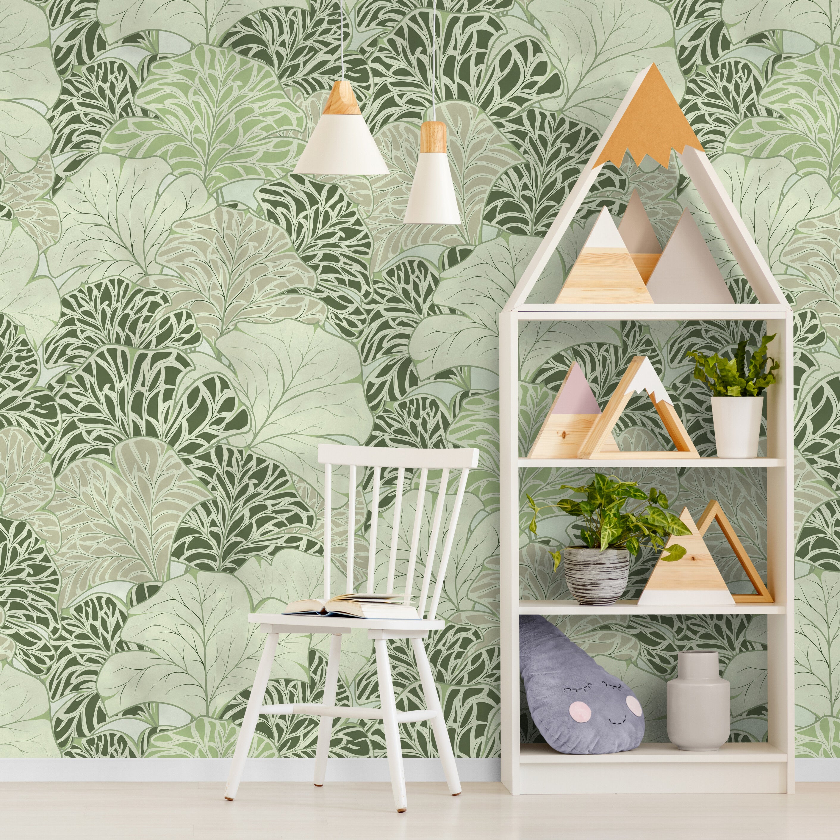 GE5090 Flabellate Foliage Endless Murals in Green Gray