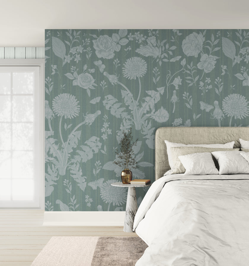 GE5074 Vintage Stripe Botanical Endless Murals Soft Teal Blue Gray