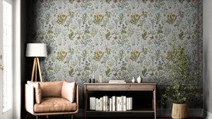 GN5041 Wildflowers and Butterflies Fine Wallpaper Roll size 26 inch Wide x 27 ft. Long, Cream/Green