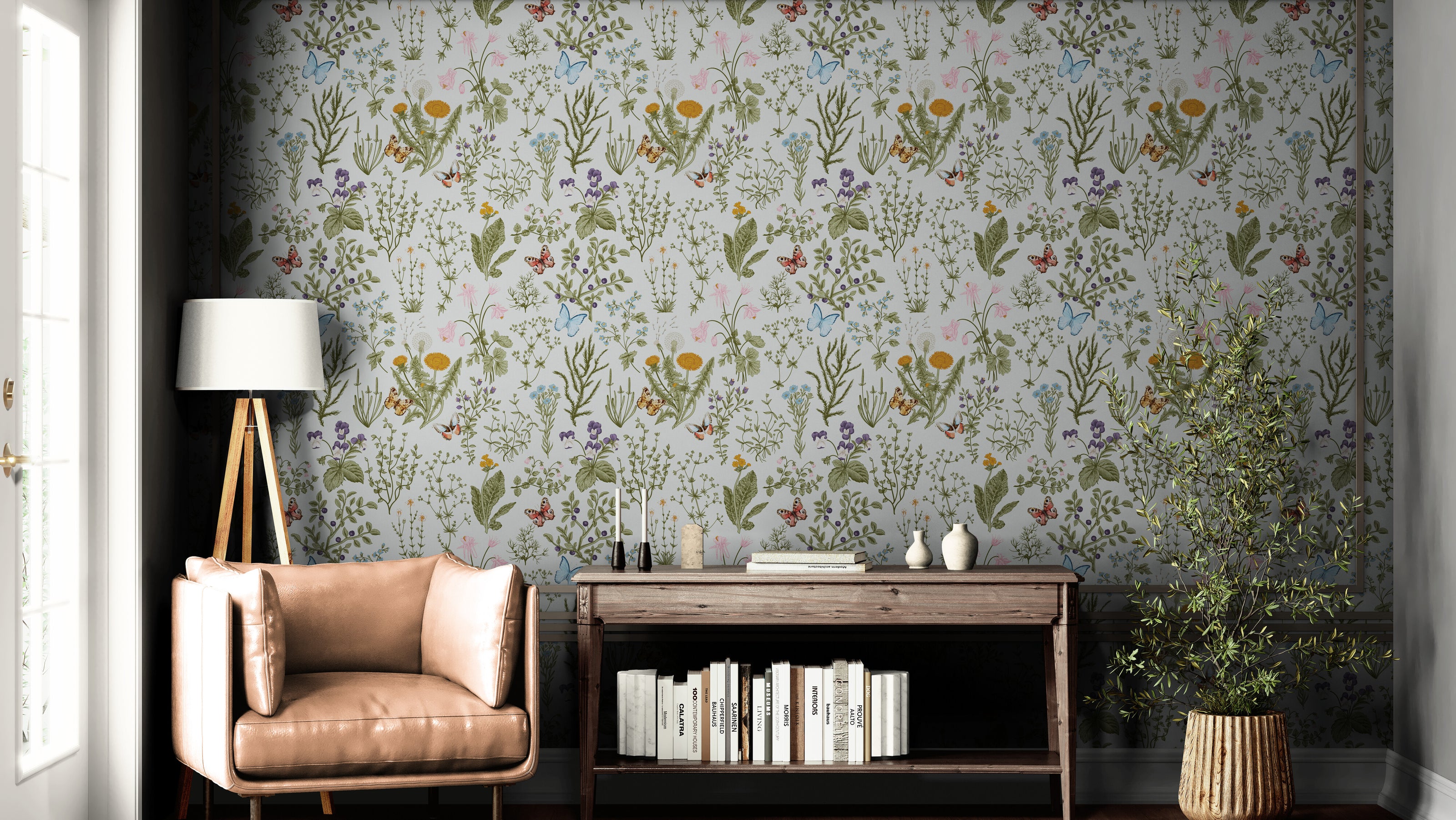 GN5041 Wildflowers and Butterflies Fine Wallpaper Roll size 26 inch Wide x 27 ft. Long, Cream/Green