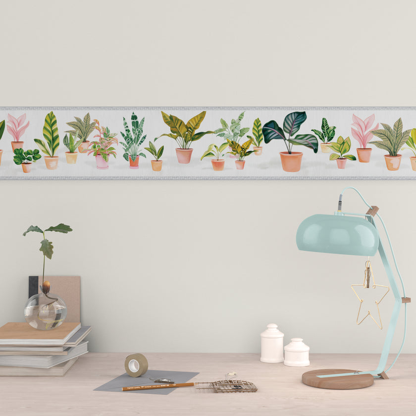 GB5040 Potted Plants Peel and Stick Wallpaper Border 10in or 8in Height x 15ft Long Light Dark Gray