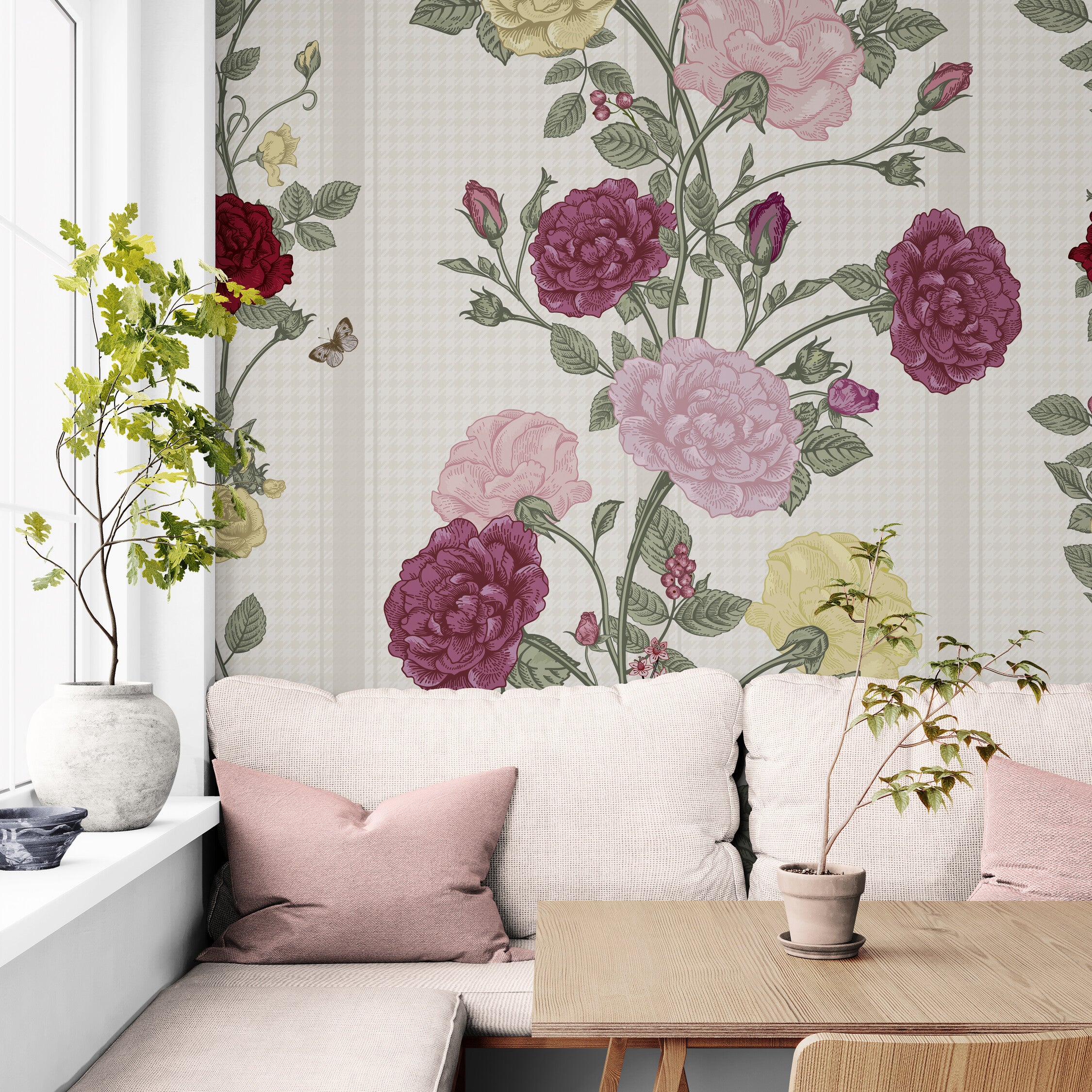 GE5082 Rose Bush Stripe Endless Mural in Beige