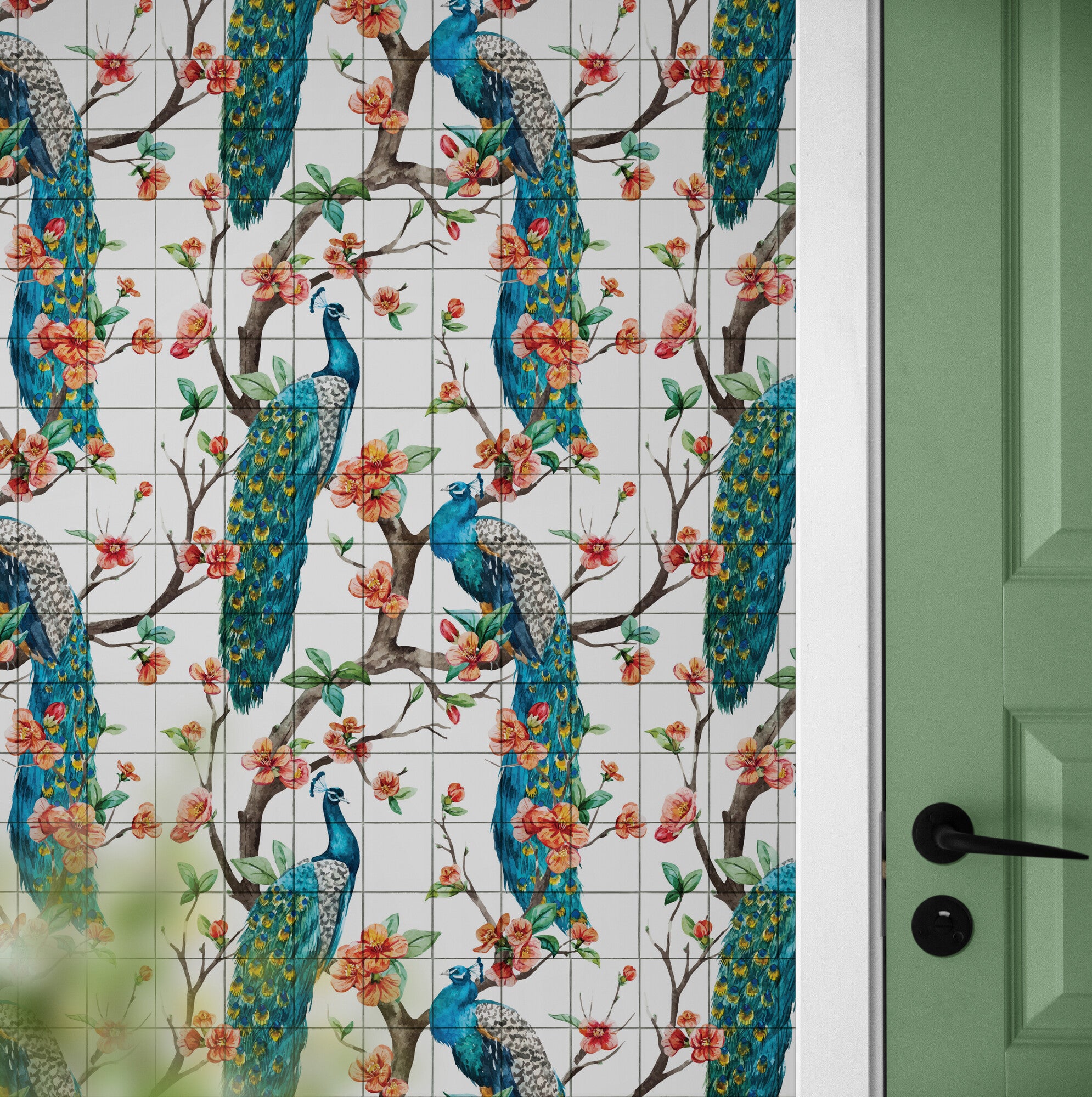 GW2165 Peacock with Grid Peel and Stick Wallpaper Roll 19 inch Wide x 18 ft. Long, Blue White Orange