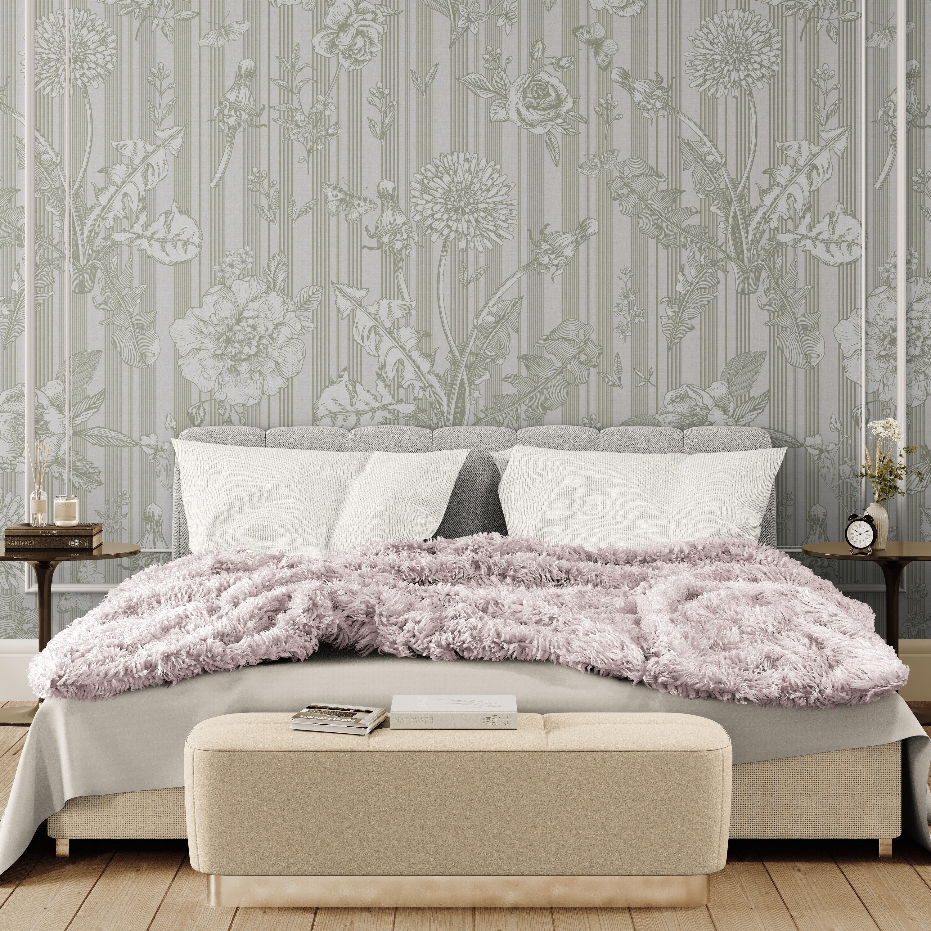 GE5071 Vintage Stripe Botanical Endless Murals Gray Off White