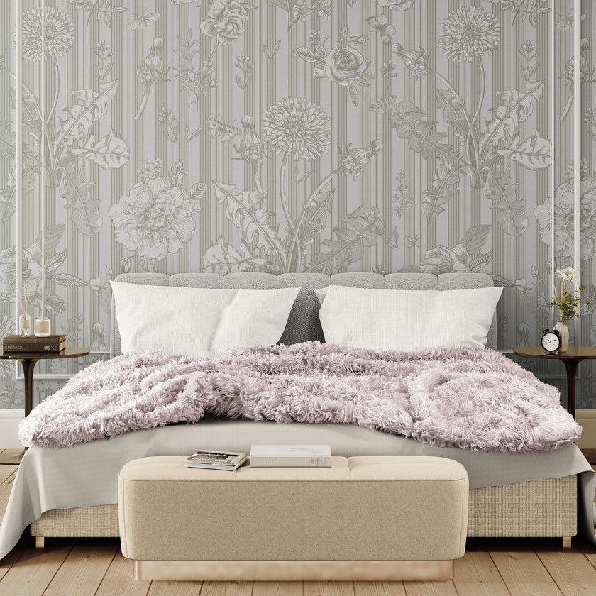 GE5071 Vintage Stripe Botanical Endless Murals Gray Off White