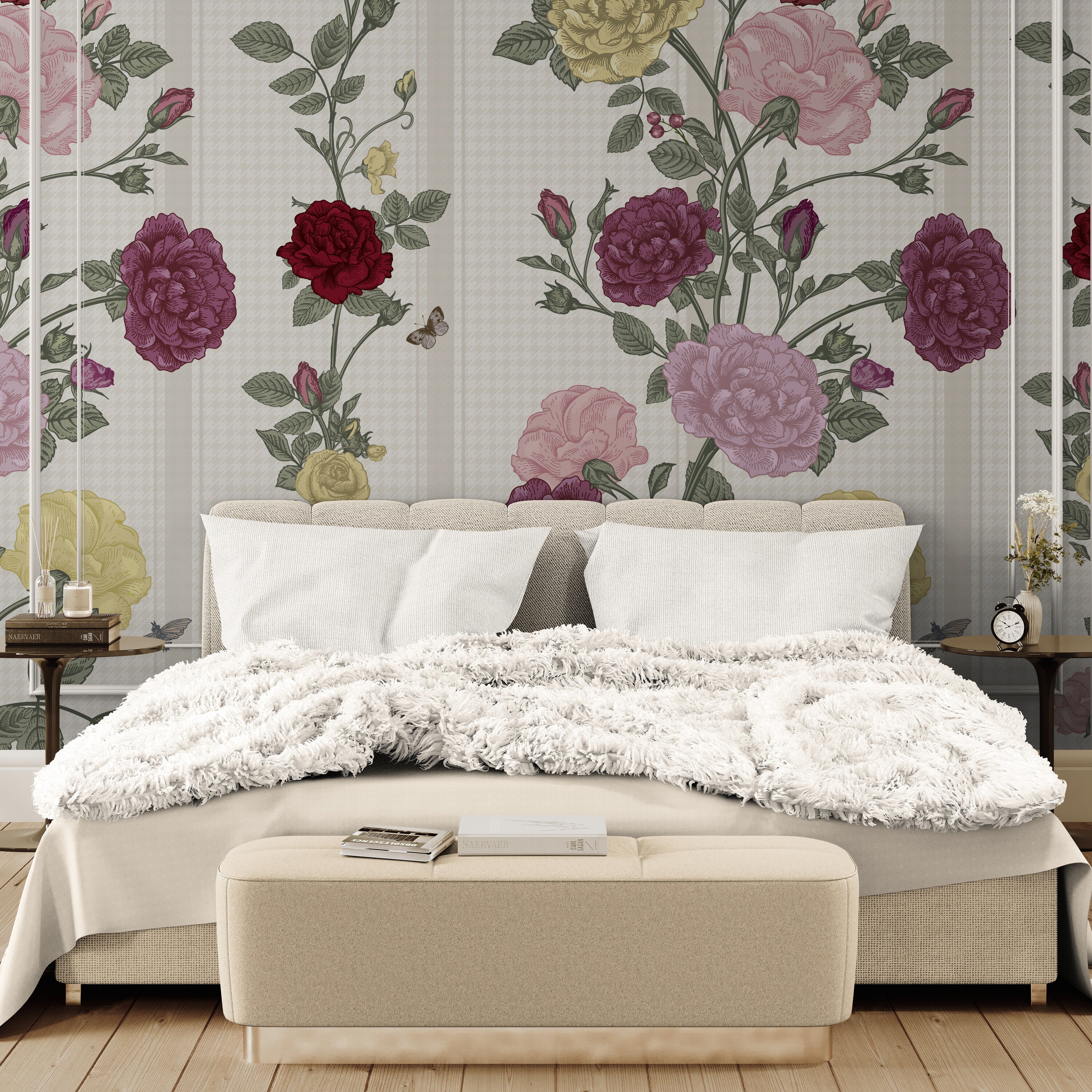 GE5082 Rose Bush Stripe Endless Mural in Beige