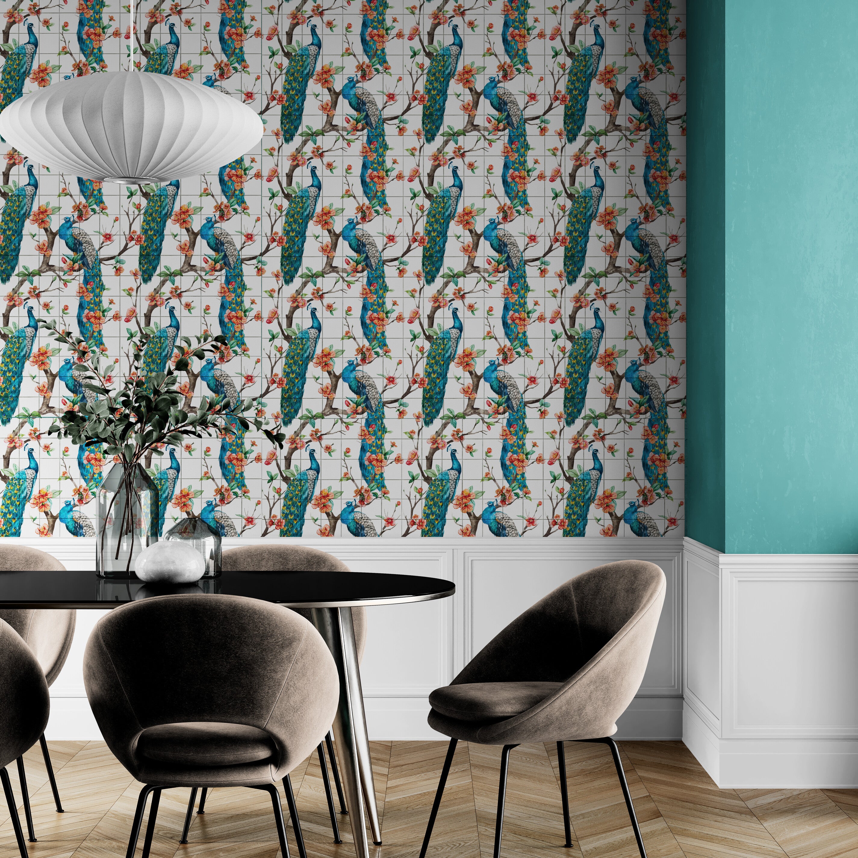 GW2165 Peacock with Grid Peel and Stick Wallpaper Roll 19 inch Wide x 18 ft. Long, Blue White Orange