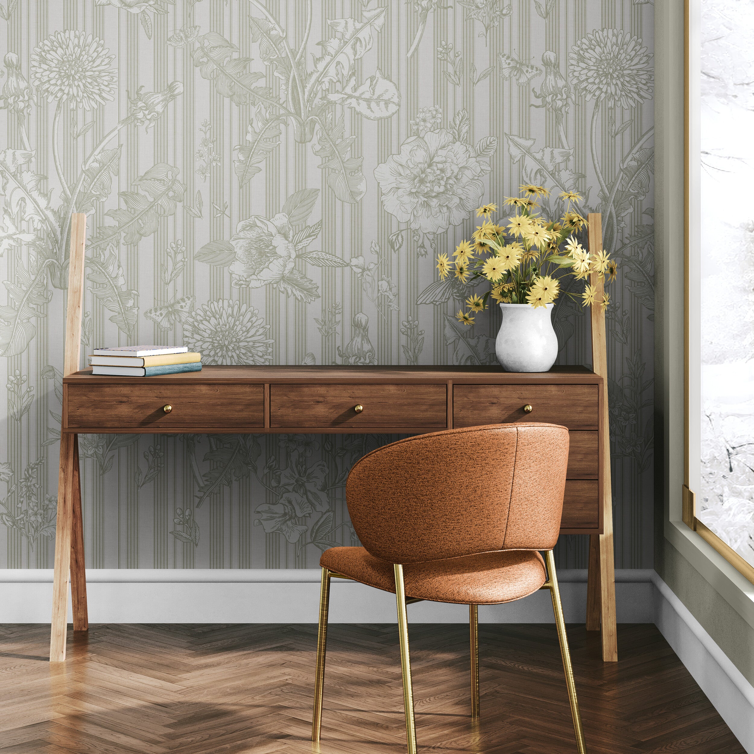 GE5071 Vintage Stripe Botanical Endless Murals Gray Off White