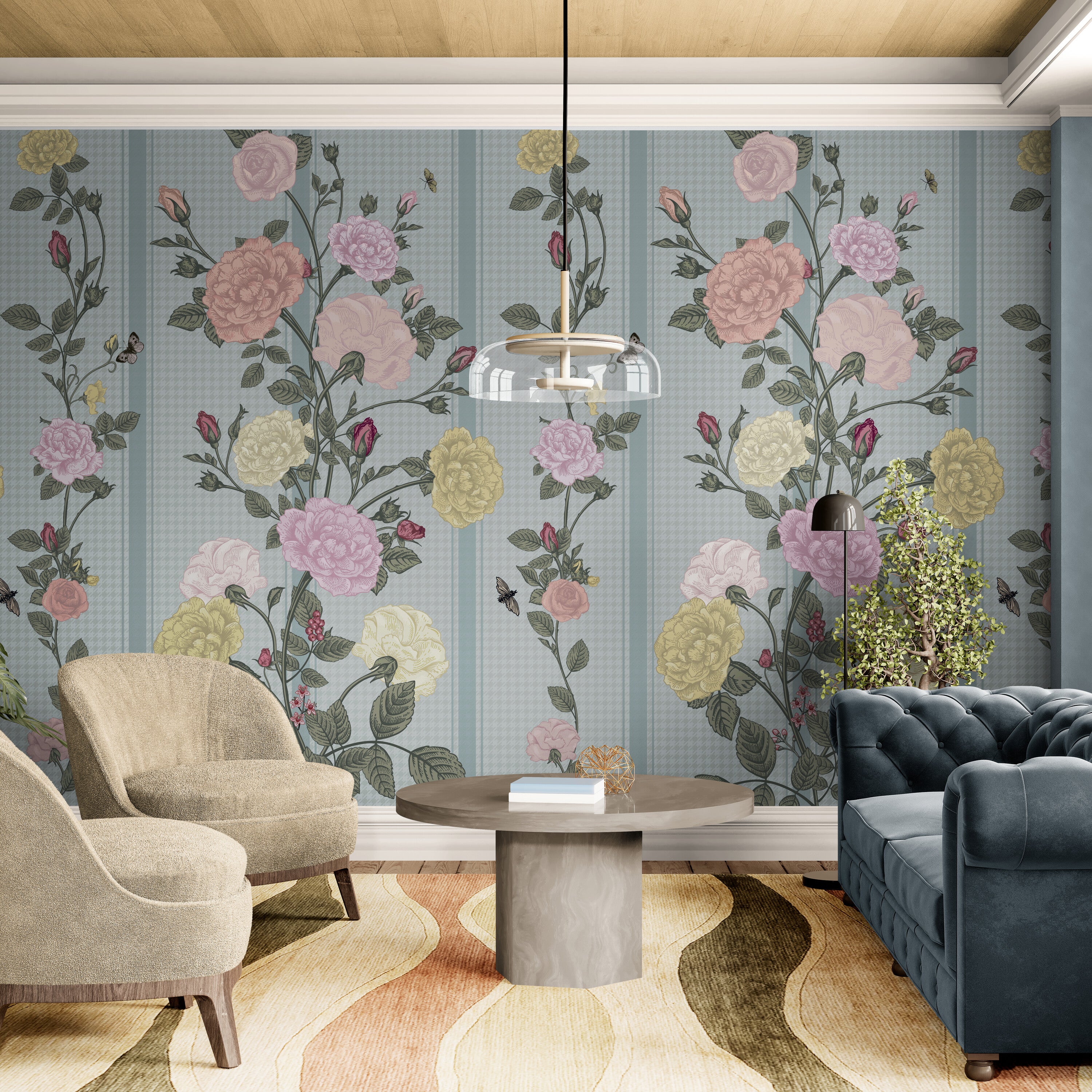 GE5081 Rose Bush Stripe Endless Murals in Pink Yellow and Light Blue