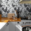 GW4014 French Farmhouse Chickens & Sunflowers Peel and Stick Wallpaper Roll 19 inch Wide x 18 ft. Long Black White