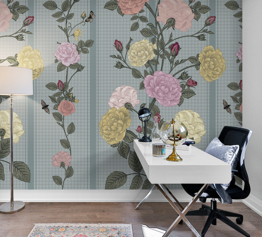 GE5081 Rose Bush Stripe Endless Murals in Pink Yellow and Light Blue