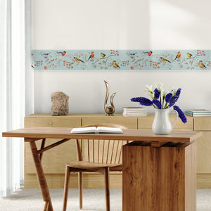 GB30011 Birds in Pines Peel and Stick Wallpaper Border 10in or 8in Height x 15ft Long, Blue White Pink Yellow