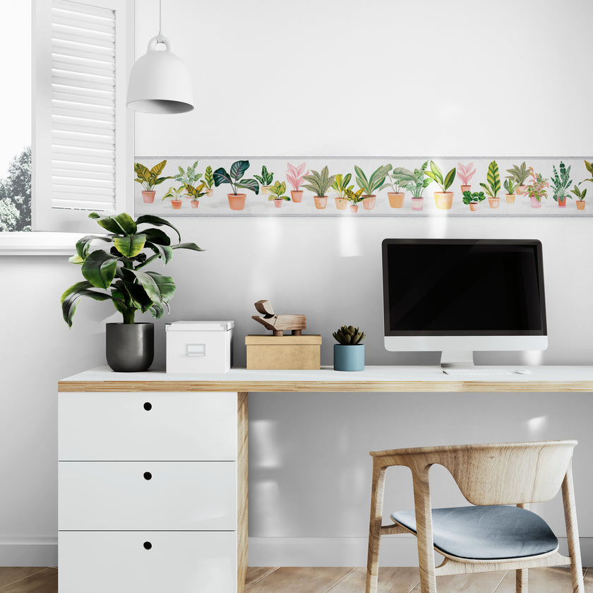 GB5040 Potted Plants Peel and Stick Wallpaper Border 10in or 8in Height x 15ft Long Light Dark Gray