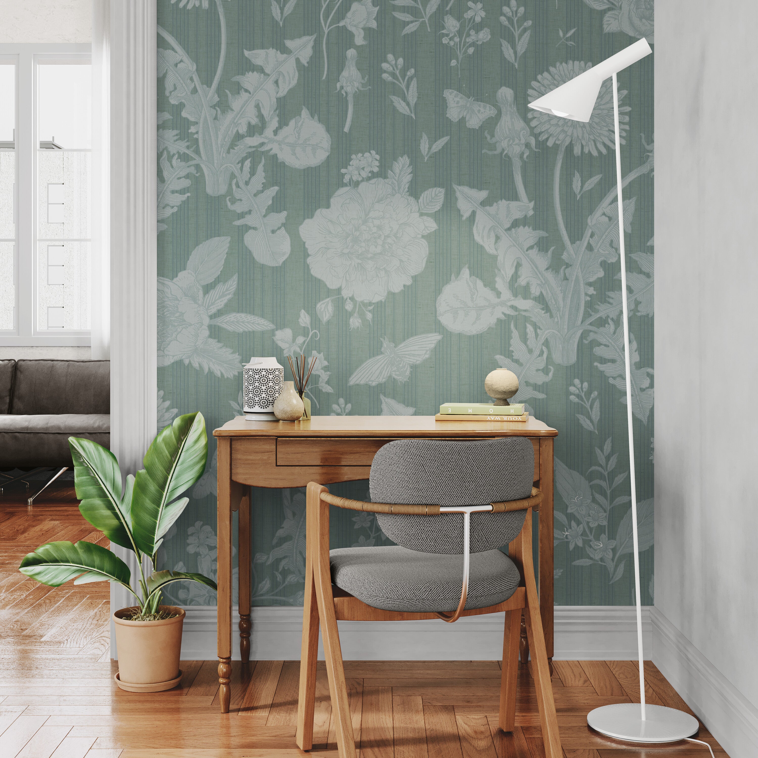 GE5074 Vintage Stripe Botanical Endless Murals Soft Teal Blue Gray