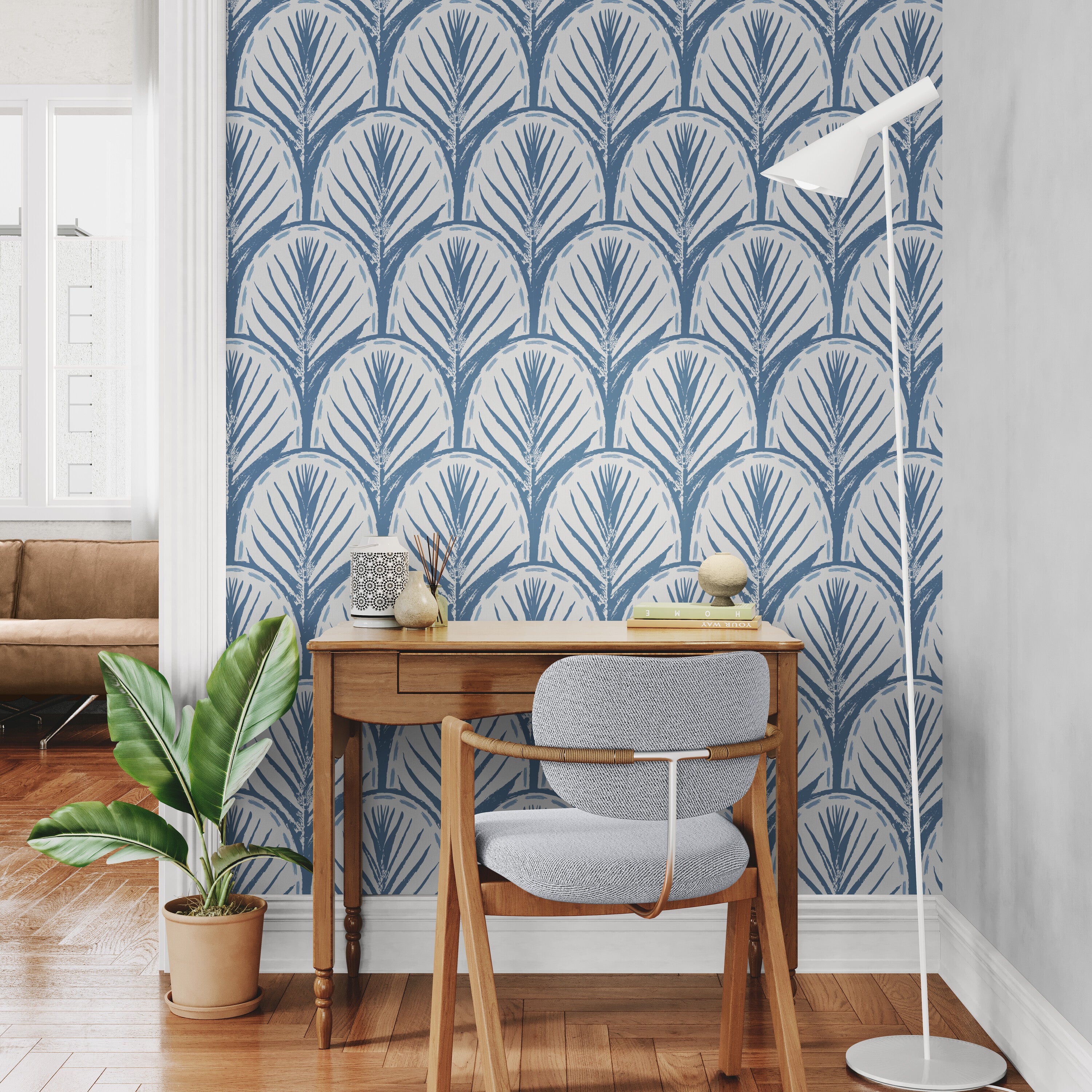 GDP5002 Fallen Feathers Premium Peel and Stick Wallpaper Panel 6 Ft High x 26 Wide in Muted Navy Soft Blue