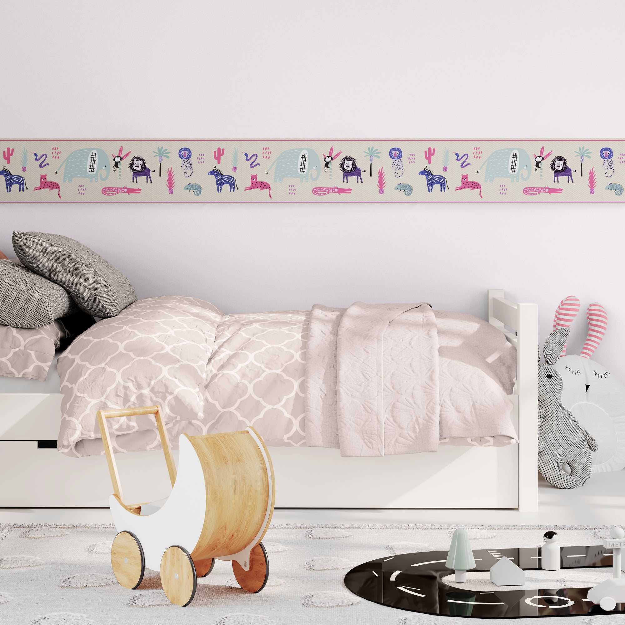 GB90200 Safari Animals Peel and Stick Wallpaper Border 10in or 8in Height x 15ft Long, Pink Purple Beige