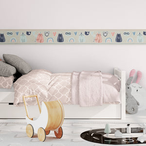 GB90250 Playful Cats Peel and Stick Wallpaper Border 10in or 8in Height x 15ft Long, Pink Green Gray Beige