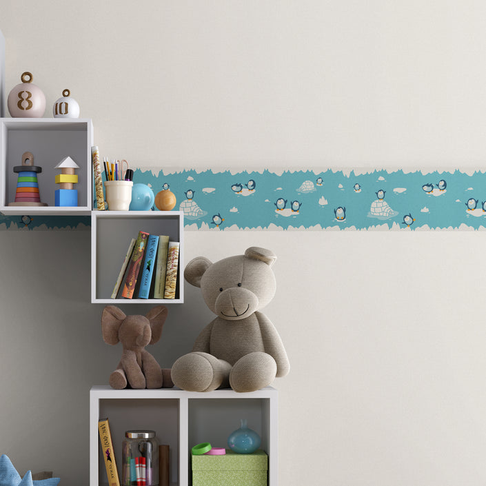 GB90170 Playful Penguins Peel and Stick Wallpaper Border 10in or 8in Height x 15ft Long, Blue Beige Orange