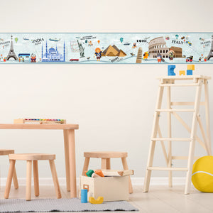 GB9020 Travel Bucket List Peel and Stick Wallpaper Border 10in or 8in Height x 15ft Long, Gray Teal Blue Brown Yellow